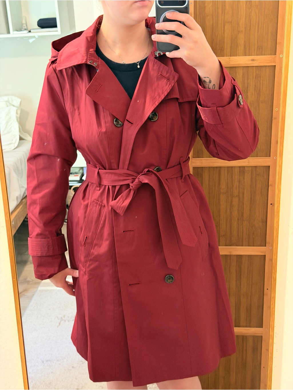 London Fog Deep Red Double-Breasted Trench Coat With Belt